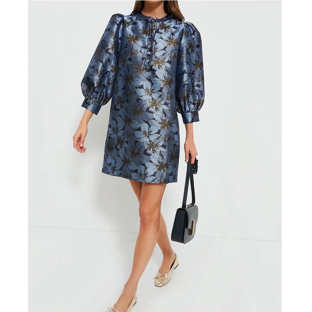 Tuckernuck Blue and Black Floral Jacquard Puff-Sleeve Shift Dress - Picture 7 of 13